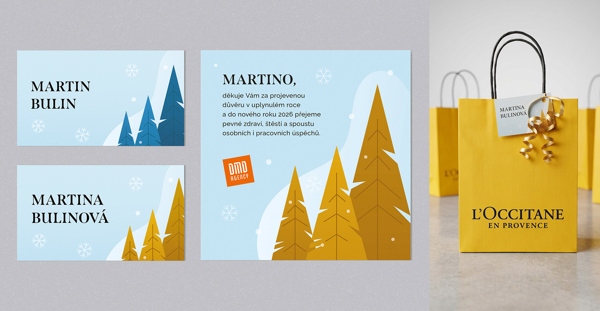 visacky_darky_dmd Návrh dárkových visaček a sezónní firemní grafiky pro DMD agency – ukázka kreativní podpory při tvorbě propagačních materiálů.