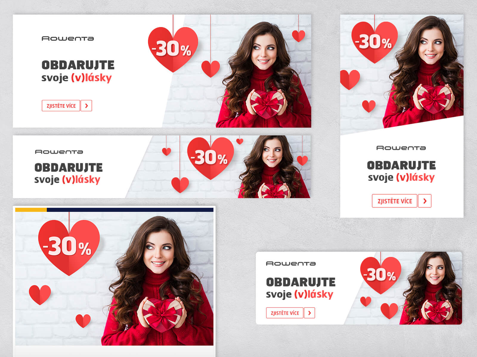 Grafický návrh valentýnské kampaně pro DATART – sada bannerů pro online komunikaci s důrazem na akční nabídku.