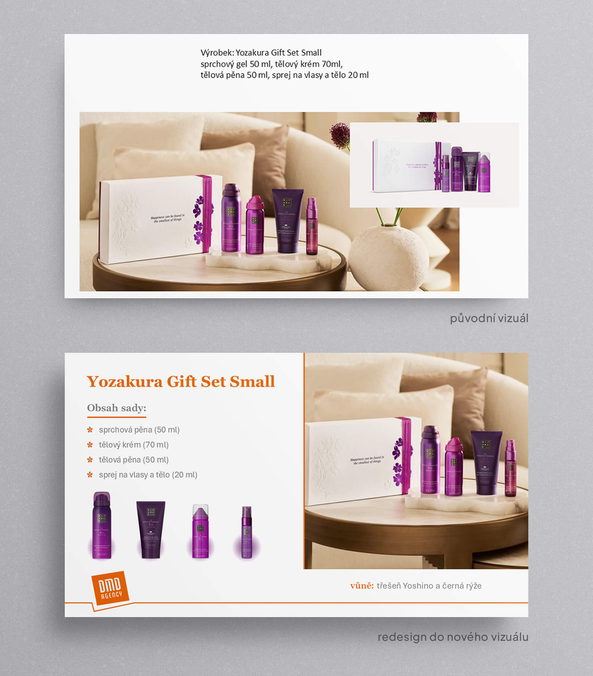 dmd-agency-rituals-prezentace-redesign Redesign prezentace produktů značky Rituals – ukázka úpravy před a po marketingových materiálů pro FMCG segment.