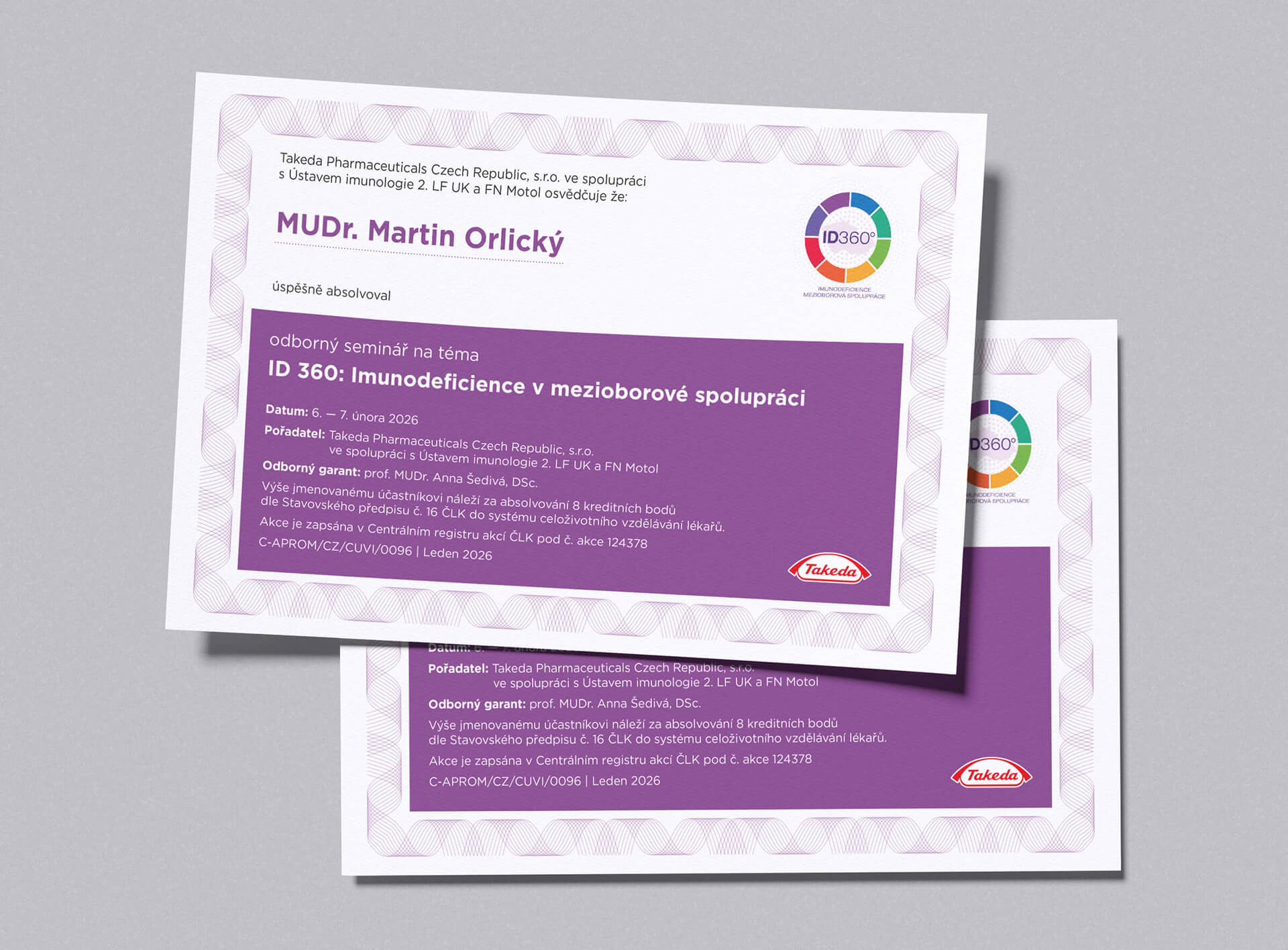 dmd-agency-takeda-certifikaty-design Grafický návrh odborných certifikátů pro farmaceutickou společnost Takeda – ukázka tiskové grafiky.