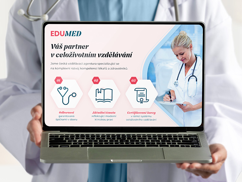 Grafický návrh úvodního slidu prezentace pro vzdělávací agenturu EduMED – ukázka práce s firemní typografií a vizuální hierarchií.