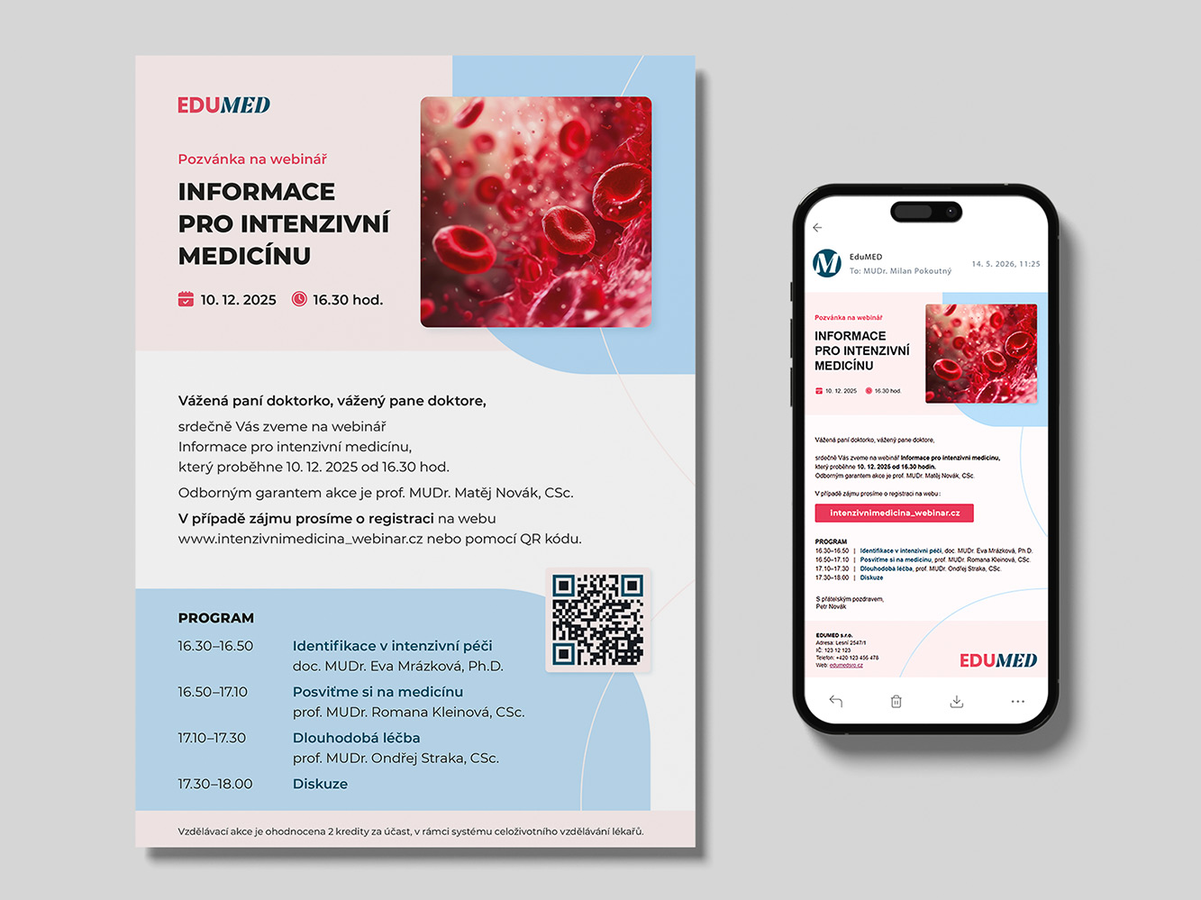 edumed-pozvanka-letak-a-email Grafický návrh pozvánky na vzdělávací akci EduMED – sjednocený vizuální styl pro tiskoviny a e-mailovou komunikaci.