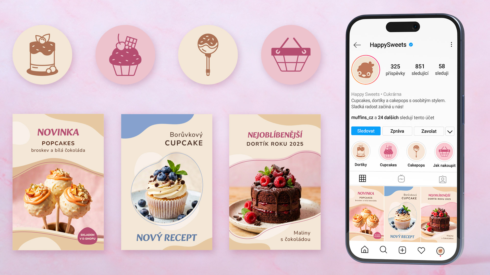 Hravý vizuální styl cukrárny Happy Sweets na Instagramu – ukázka práce s barvami a autorskými ikonami.