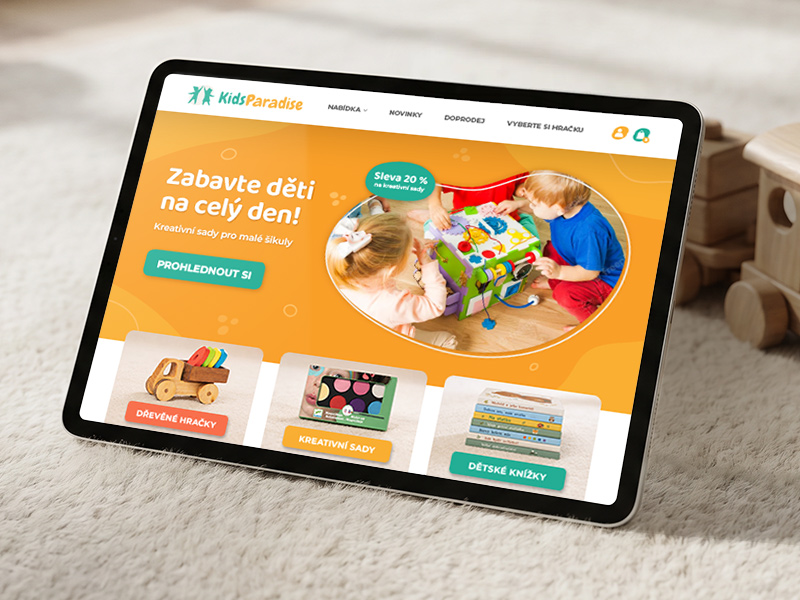 Redesign homepage e-shopu KidsParadise – moderní a přehledný UI design pro prodej dřevěných hraček zaměřený na snadnou orientaci zákazníka.