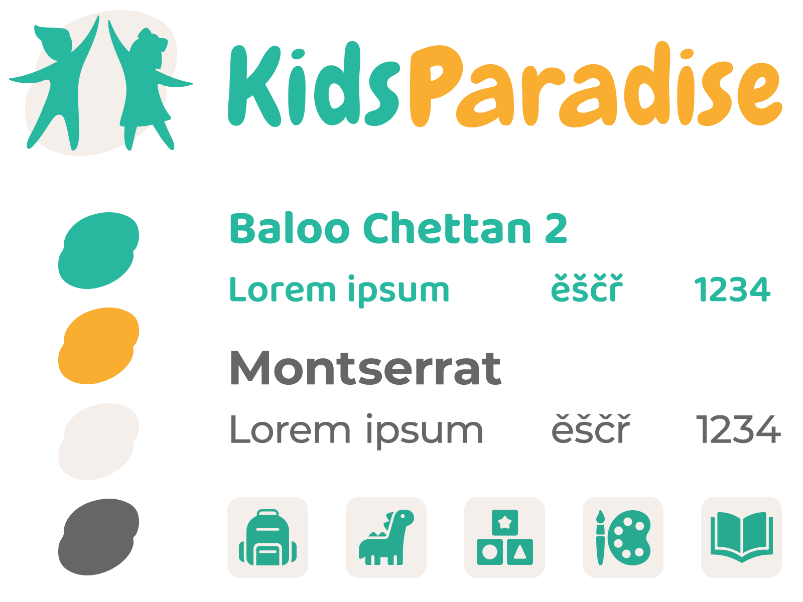 kidsparadise-vizualni-identita-prehled Kompletní vizuální identita KidsParadise – přehled barevné palety, typografie a loga pro dětský e-shop.