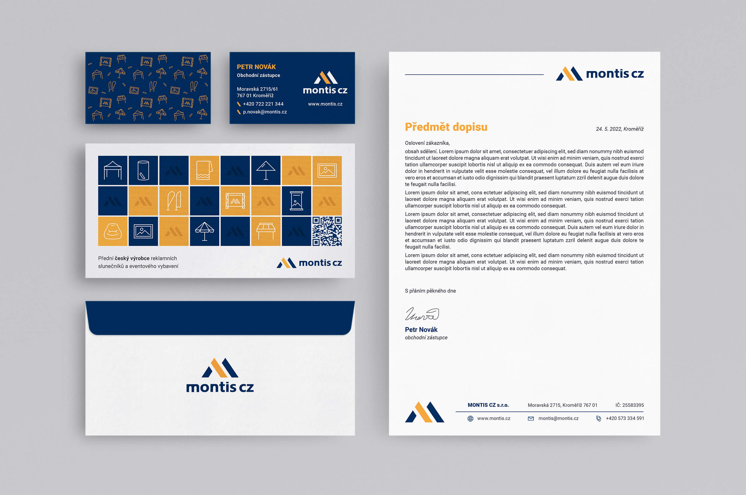 montis-cz-firemni-tiskoviny-branding Sjednocená firemní identita MONTIS CZ – návrh vizitek, hlavičkových papírů a obálek pro českého výrobce stínicí techniky.