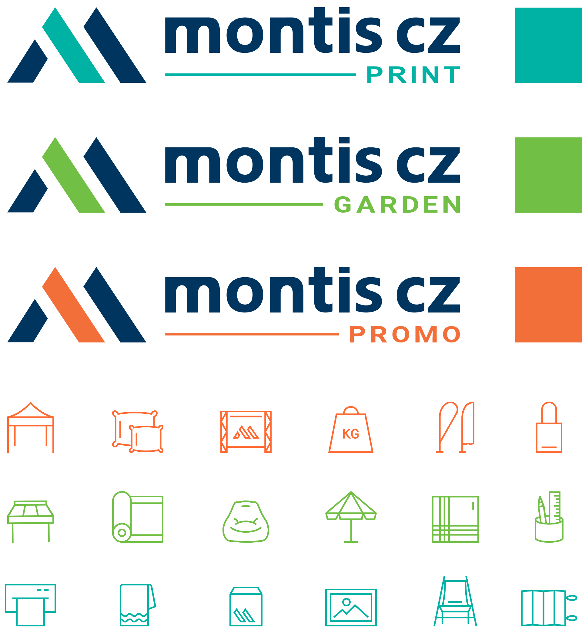 montis-cz-logomanual-divize-ikony Grafický systém MONTIS CZ – loga divizí Print, Garden a Promo s barevným kódováním a sadou ikon pro přehlednou vizuální komunikaci.