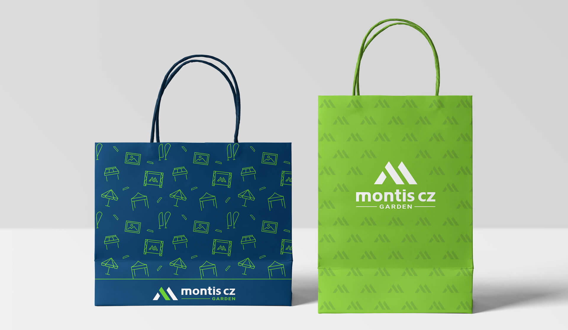 montis-garden-papirove-tasky-design Grafický design papírových tašek pro divizi MONTIS Garden – ukázka aplikace loga a firemního vzoru na obalové materiály.