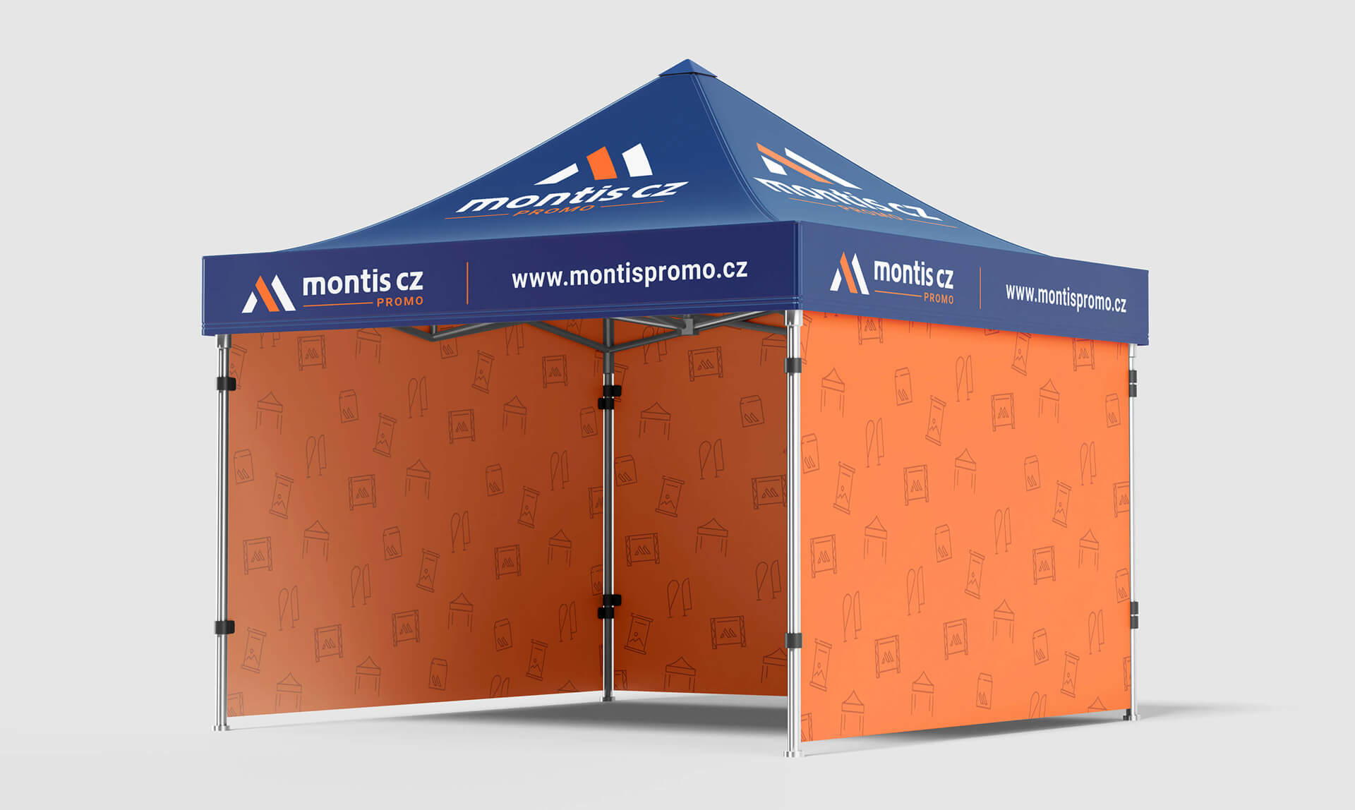 montis-promo-firemni-stan-branding Návrh celoplošného potisku firemního stanu pro MONTIS Promo – branding vlastních výrobků pro reklamní využití.