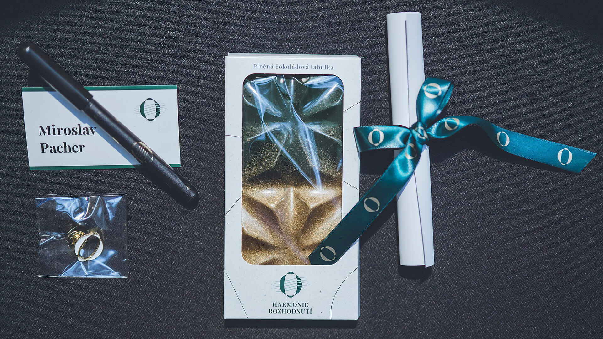 ok-holding-vyrocni-konference-tiskoviny-2025 Branding firemních dárků a reklamních předmětů na výroční konferenci OK HOLDING – potisk krabiček od čokolády, pera, tvorba jmenovek a návodu ke kvízu.