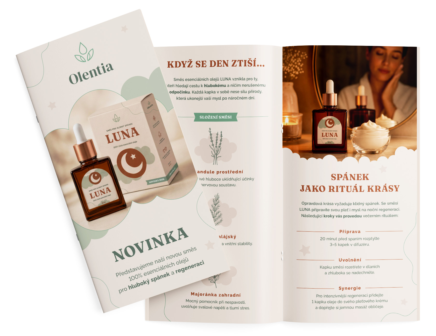 olentia-graficky-navrh-reklamni-brozury Grafický návrh skládaného reklamního letáku pro výrobce esenciálních olejů Olentia – ukázka sazby tiskovin a produktové komunikace.