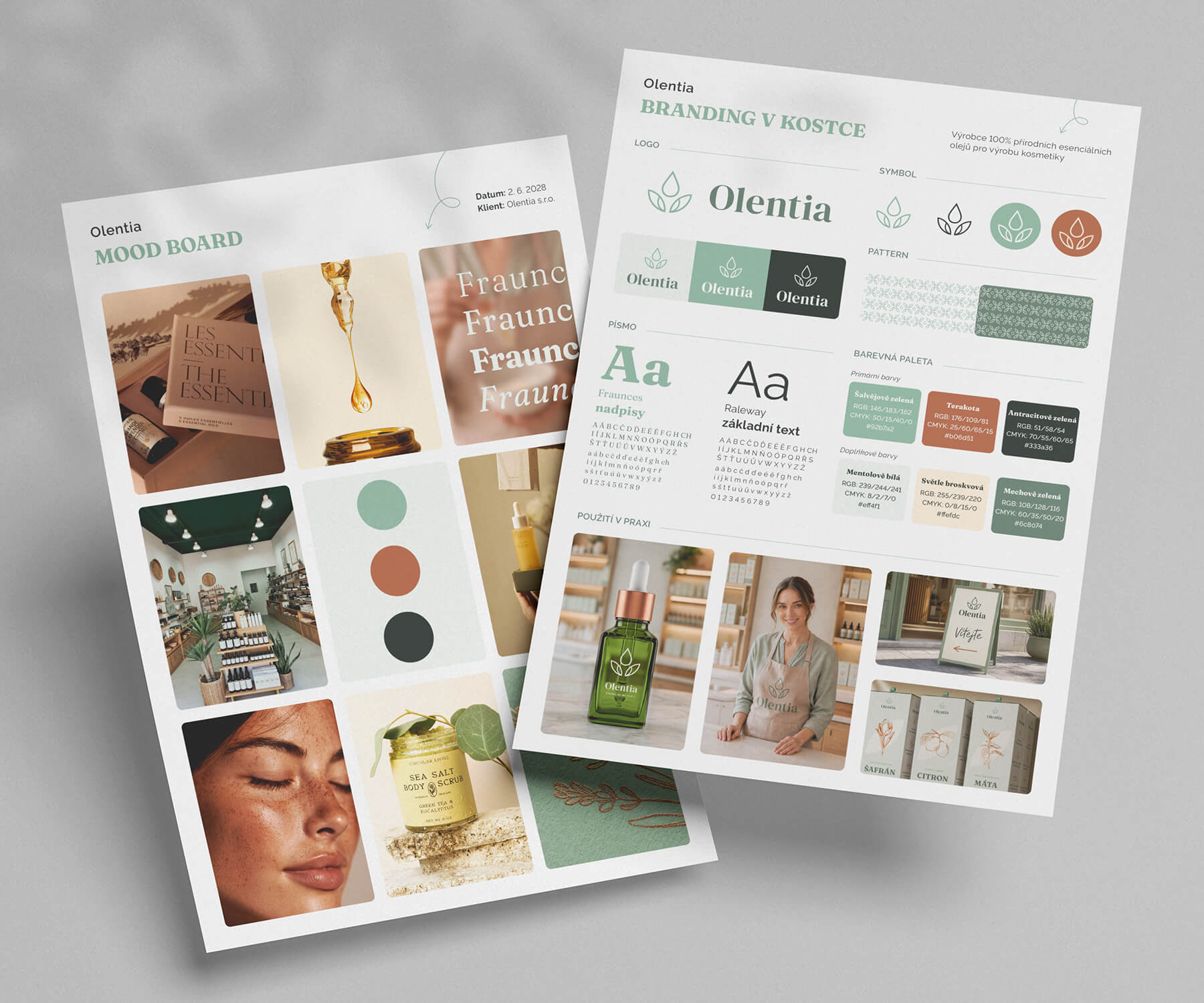 olentia-moodboard-a-branding-manual Moodboard a vizuální styl fiktivní české značky Olentia – ukázka práce grafika, barevná paleta, typografie a příklady praktického použití identity.