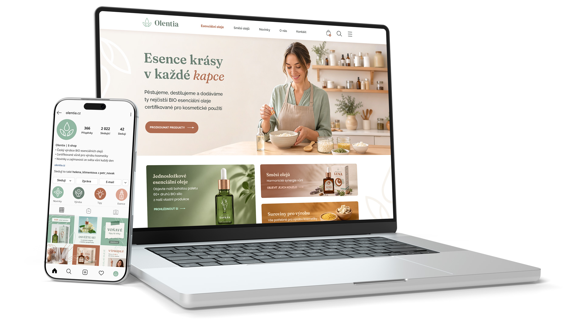olentia-prezentace-webu-a-instagramu Návrh e-shopu a profilu na Instagramu pro značku přírodních esenciálních olejů – ukázka UI/UX a digitálního brandingu.