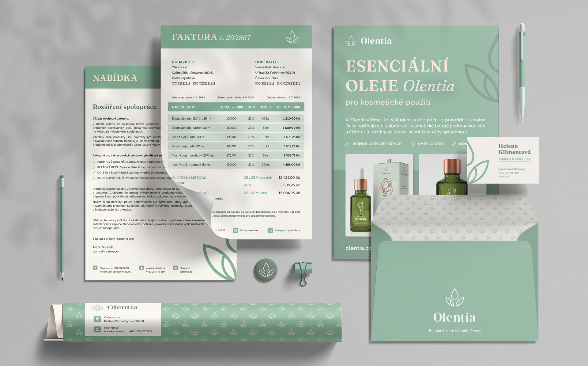 olentia-vizualni-identita-pro-vyrobce-esencialnich-oleju Ukázka kompletní vizuální identity fiktivní české značky esenciálních olejů Olentia – návrh tiskovin, vizitek a brandingových prvků od grafika.