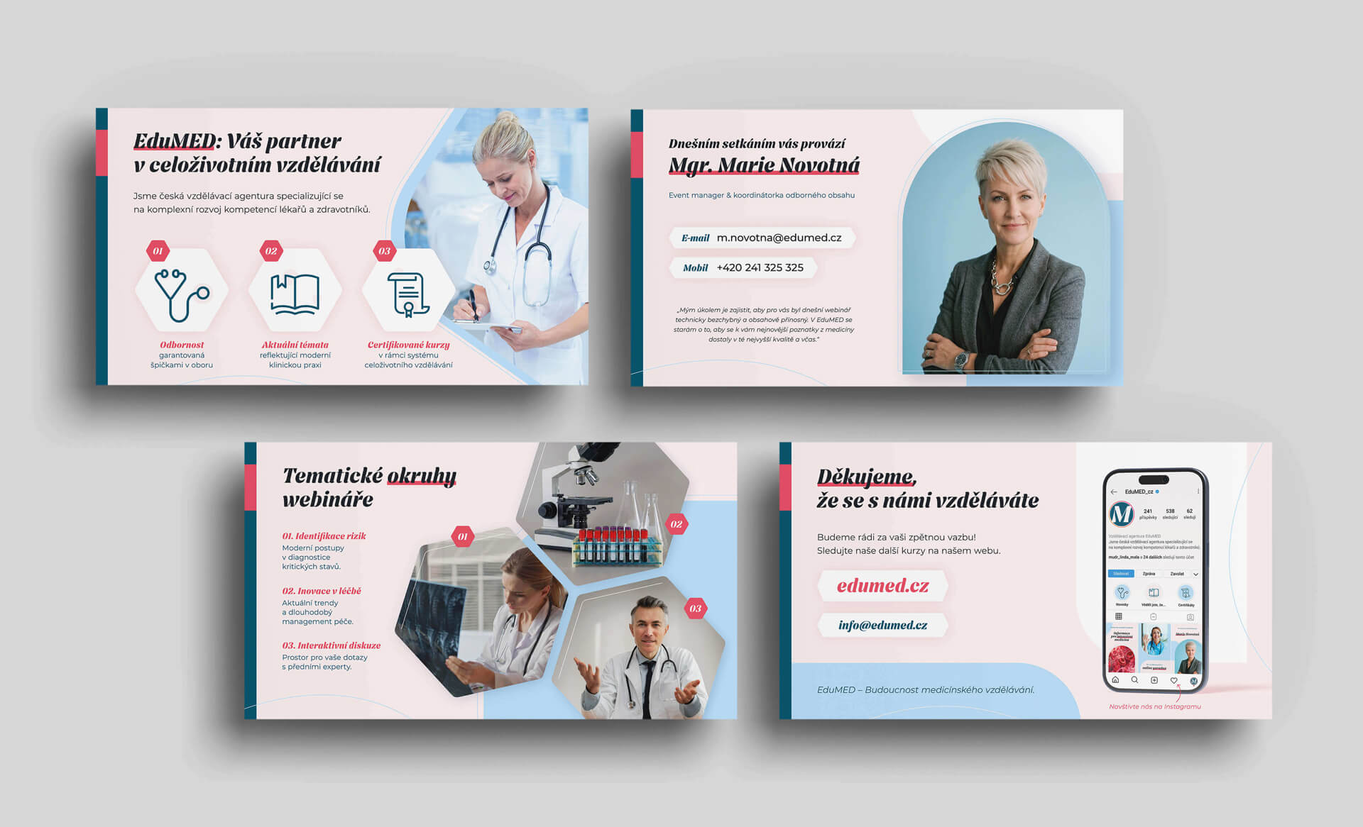 slideset-edumed-powerpoint-sablona-prezentace Profesionální PowerPoint šablona vytvořená pro EduMED – ukázka logické struktury, čitelnosti a konzistentního vizuálního stylu prezentací.