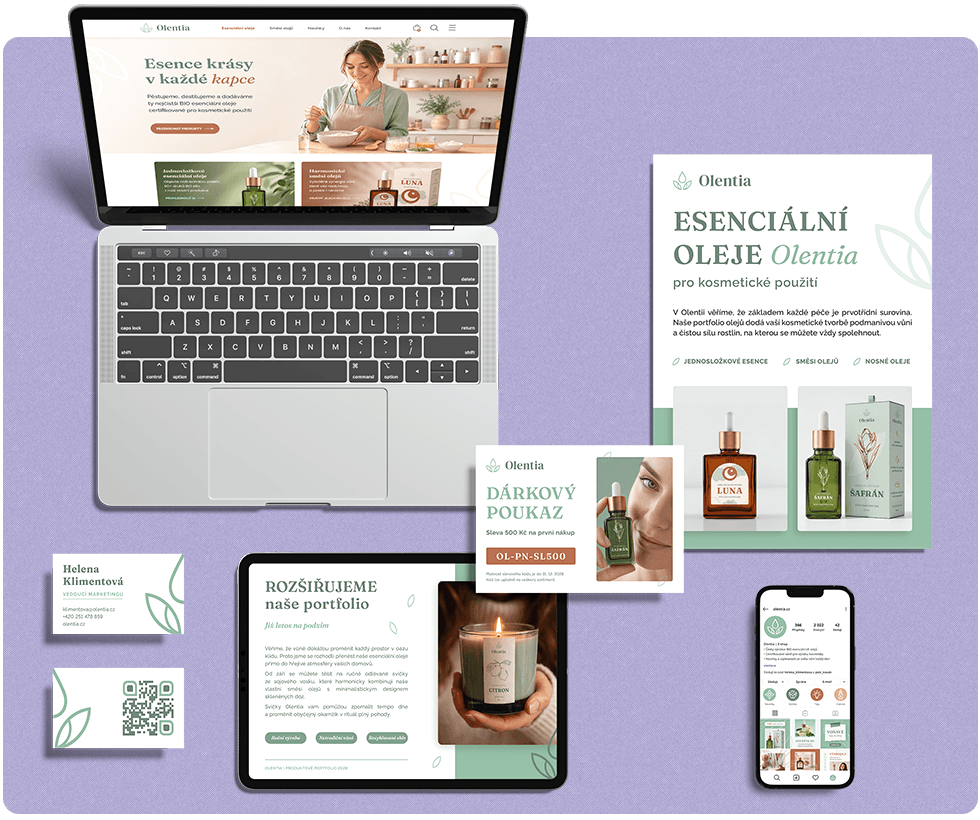 Ukázka kompletní vizuální identity české značky esenciálních olejů Olentia – návrh tiskovin, vizitek a brandingových prvků od grafika.