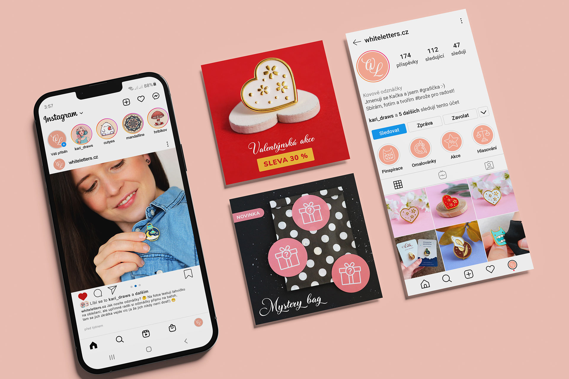 Vizuální styl značky White Letters na Instagramu – ukázka čistého a konzistentního feedu pro autorský e-shop.