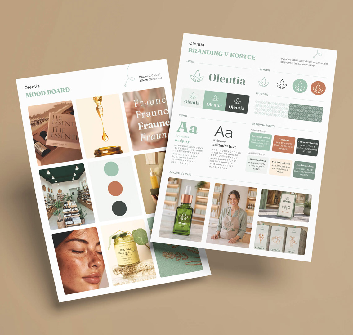 vizualni-identity-olentia-moodboard-a-branding-manual Moodboard a vizuální styl fiktivní české značky Olentia – ukázka práce grafika, barevná paleta, typografie a příklady praktického použití identity.