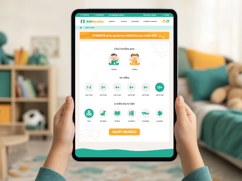 kidsparadise-konfigurator-hracek-UI Návrh rozhraní konfigurátoru hraček pro e-shop KidsParadise – příklad interaktivního UX designu pro personalizovaný výběr dětského vybavení.