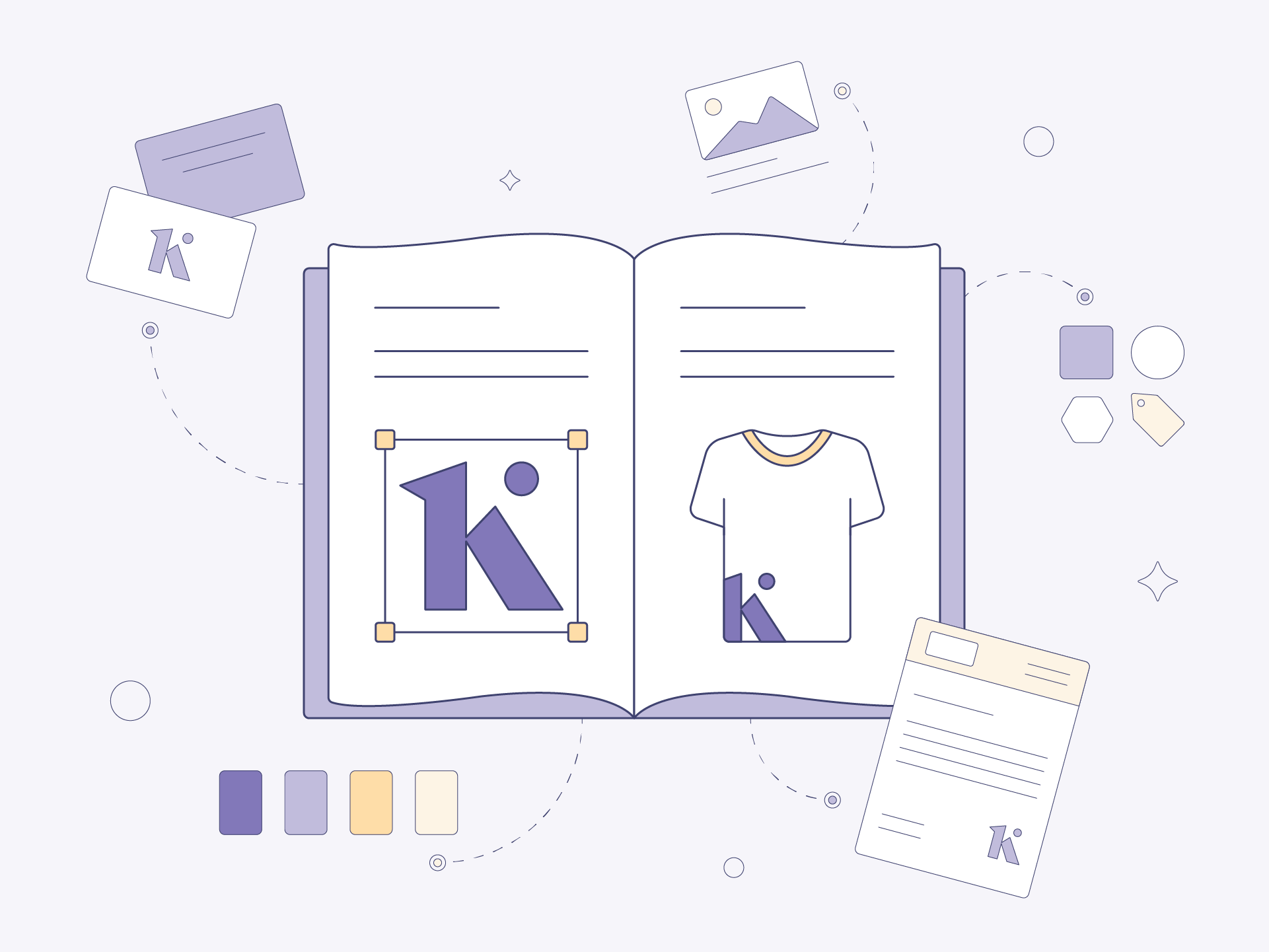 kviz-kdy-zmenit-vizualni-identitu-fialova Ilustrace otevřeného manuálu vizuální identity s logem, tričkem, vizitkami a barevnou paletou.