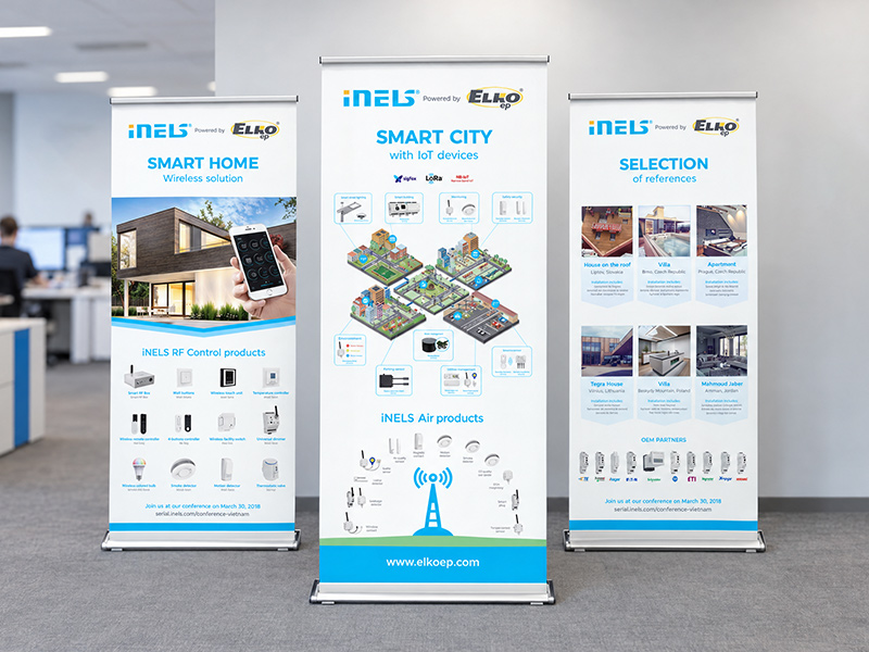 Velkoformátová grafika na roll-upy pro systém inteligentní elektroinstalace iNELS – prezentace značky na veletrzích a akcích.