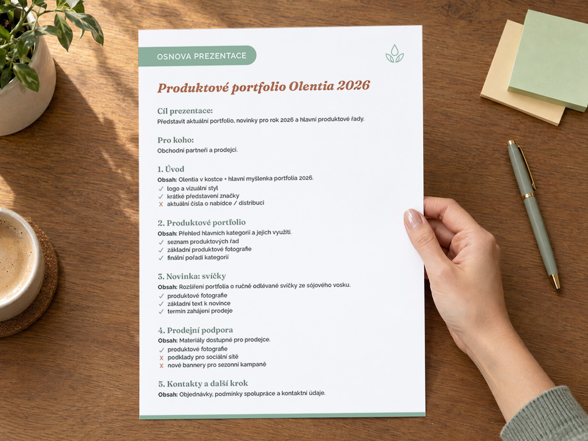 osnova-prezentace-produktove-portfolio-olentia-2026 Ukázka osnovy prezentace Produktové portfolio Olentia 2026 s přehledem dostupných a chybějících podkladů.