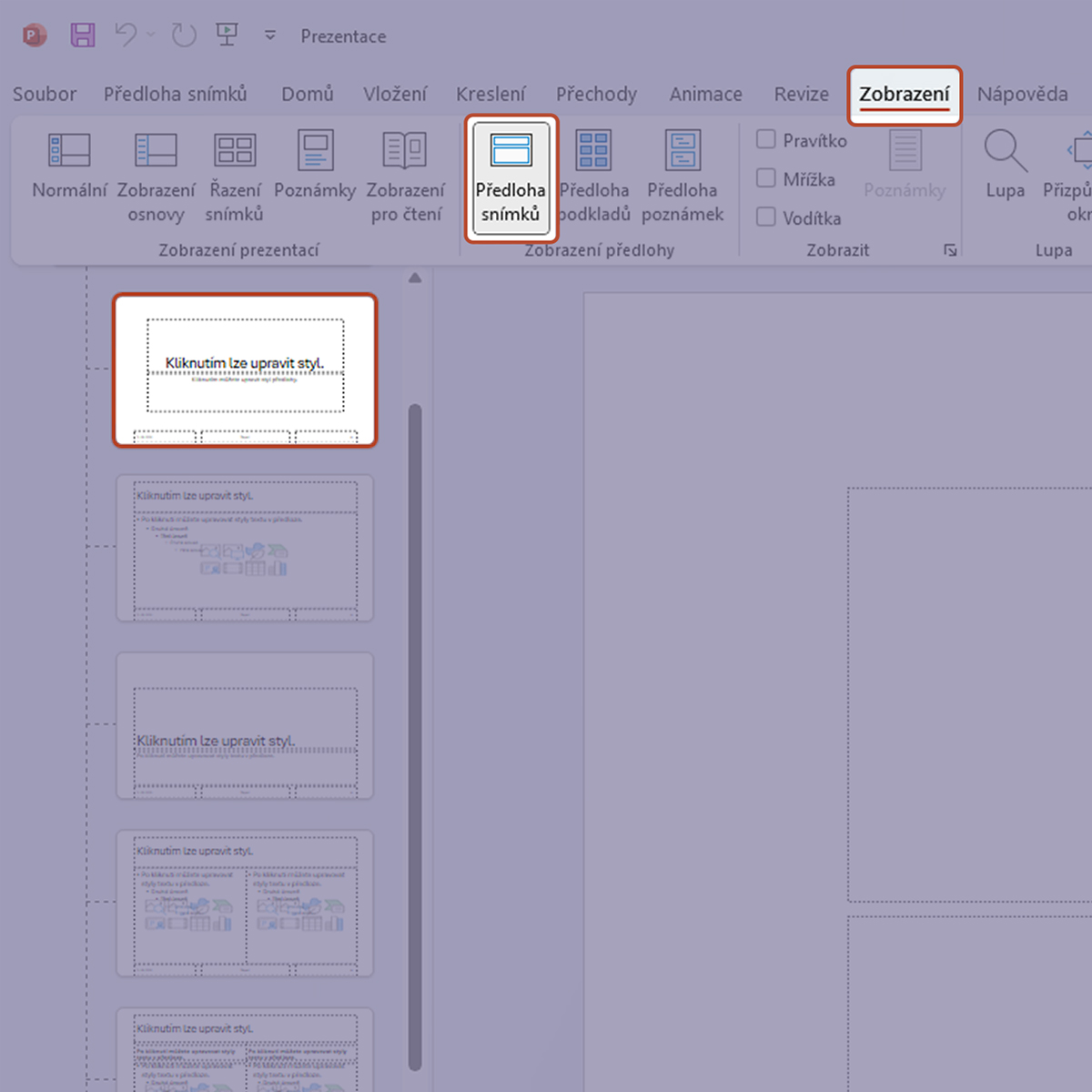 powerpoint-predloha-snimku-zobrazeni Ukázka cesty v PowerPointu přes Zobrazení → Předloha snímků pro úpravu rozložení prezentace.