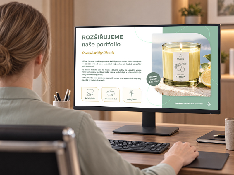 prezentace-k-poslani-olentia Žena si na monitoru prohlíží prezentaci produktové řady svíček Olentia.