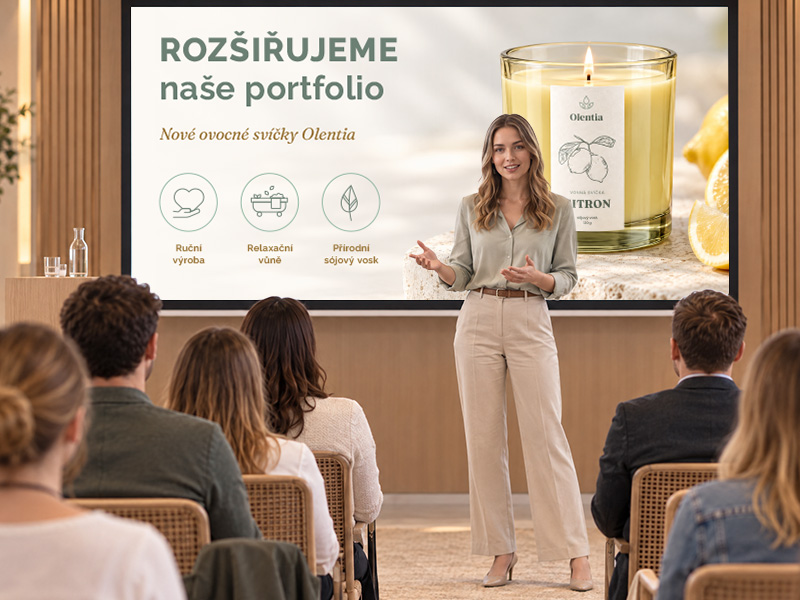 prezentace-nove-produktove-rady-olentia Prezentující představuje publiku novou řadu svíček Olentia na projekčním plátně.
